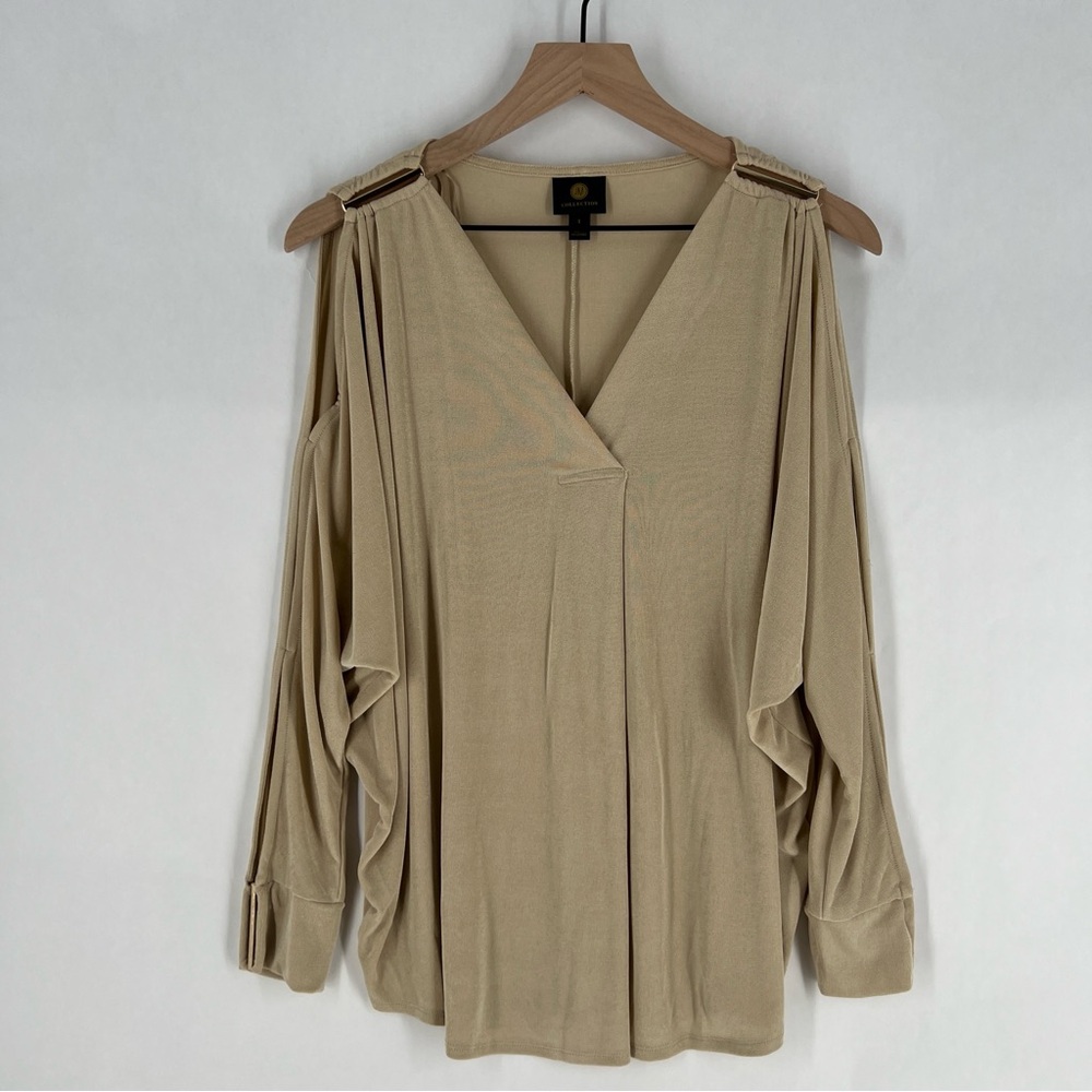 JM Collection Metallic Gold Stretch Jersey Liquid Knit V-Neck Batwing Top Size S